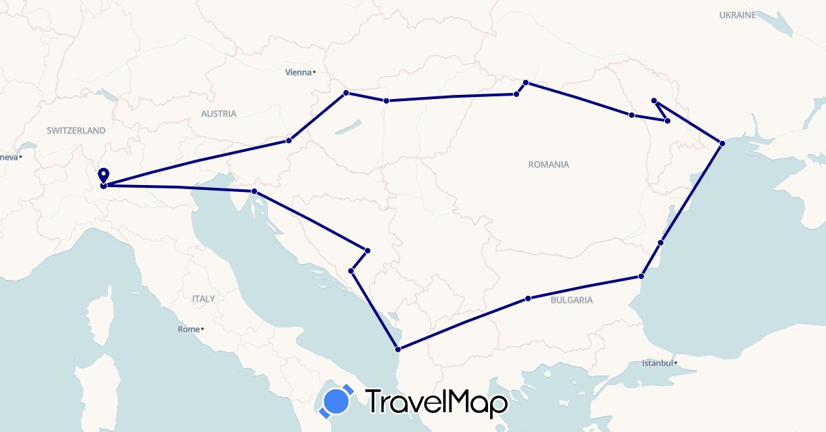 TravelMap itinerary: driving in Albania, Bosnia and Herzegovina, Bulgaria, Croatia, Hungary, Italy, Moldova, Romania, Slovenia, Ukraine (Europe)